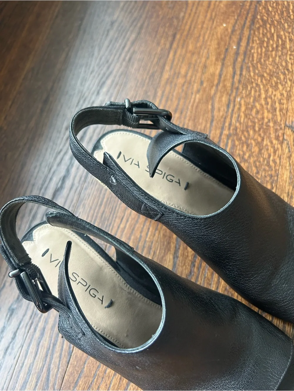 Via Spiga Black Leather Open-Toe Espadrille Wedges